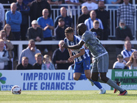 Joe Grey of Hartlepool United battles with Inih Effiong of Braintree Town during the Vanarama National League match between Hartlepool Unite...