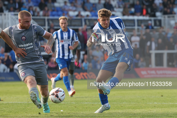 Louis Stephenson of Hartlepool United shoots at goal during the Vanarama National League match between Hartlepool United and Braintree Town...