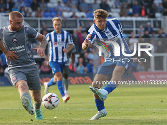 Louis Stephenson of Hartlepool United shoots at goal during the Vanarama National League match between Hartlepool United and Braintree Town...