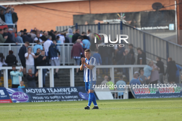 David Ferguson of Hartlepool United applauds their fans during the Vanarama National League match between Hartlepool United and Braintree To...