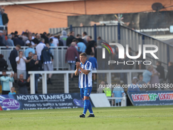 David Ferguson of Hartlepool United applauds their fans during the Vanarama National League match between Hartlepool United and Braintree To...