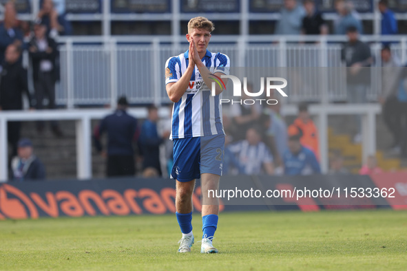 Louis Stephenson of Hartlepool United applauds the fans during the Vanarama National League match between Hartlepool United and Braintree To...