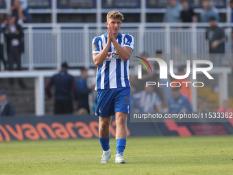 Louis Stephenson of Hartlepool United applauds the fans during the Vanarama National League match between Hartlepool United and Braintree To...