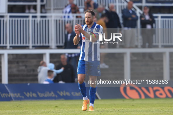 Tom Parkes of Hartlepool United applauds their fans during the Vanarama National League match between Hartlepool United and Braintree Town a...