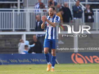 Tom Parkes of Hartlepool United applauds their fans during the Vanarama National League match between Hartlepool United and Braintree Town a...