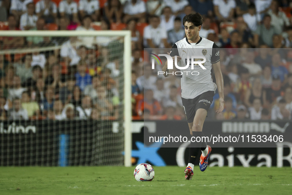 Javi Guerra of Valencia CF during the La Liga match between Valencia CF and Villarreal CF at Mestalla Stadium in Valencia, Spain, on August...