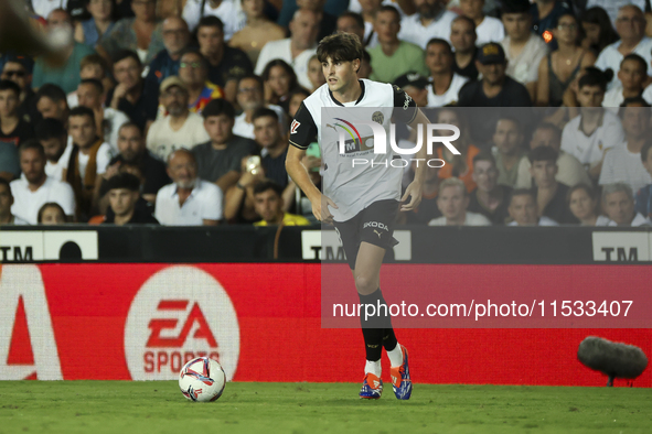 Javi Guerra of Valencia CF during the La Liga match between Valencia CF and Villarreal CF at Mestalla Stadium in Valencia, Spain, on August...