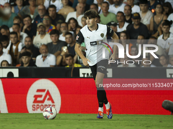 Javi Guerra of Valencia CF during the La Liga match between Valencia CF and Villarreal CF at Mestalla Stadium in Valencia, Spain, on August...