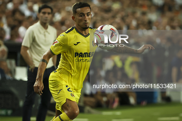 Yeremy Pino of Villarreal plays during the La Liga match between Valencia CF and Villarreal CF at Mestalla Stadium in Valencia, Spain, on Au...