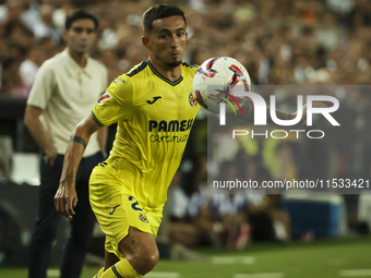 Yeremy Pino of Villarreal plays during the La Liga match between Valencia CF and Villarreal CF at Mestalla Stadium in Valencia, Spain, on Au...