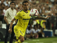 Yeremy Pino of Villarreal plays during the La Liga match between Valencia CF and Villarreal CF at Mestalla Stadium in Valencia, Spain, on Au...