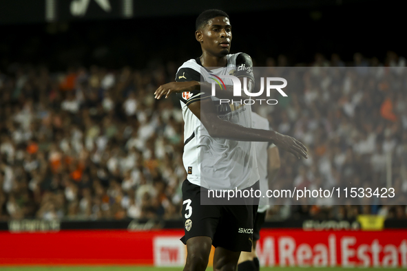 Cristhian Mosquera of Valencia CF during the La Liga match between Valencia CF and Villarreal CF at Mestalla Stadium in Valencia, Spain, on...