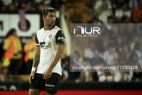 Hugo Duro of Valencia CF during the La Liga match between Valencia CF and Villarreal CF at Mestalla Stadium in Valencia, Spain, on August 31...