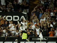 Hugo Duro of Valencia CF celebrates after scoring the 1-0 goal during the La Liga match between Valencia CF and Villarreal CF at Mestalla St...