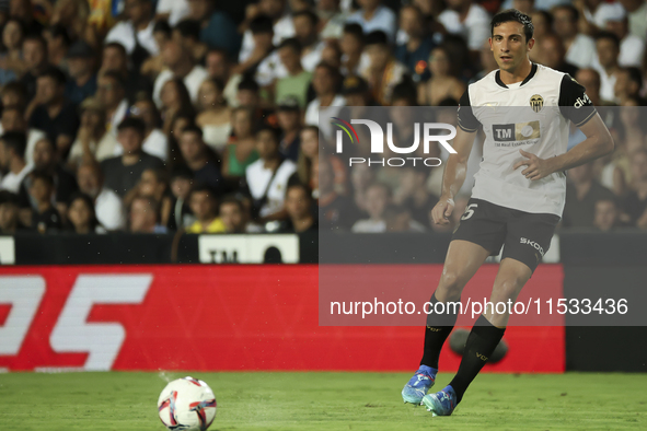 Cesar Tarrega of Valencia CF during the La Liga match between Valencia CF and Villarreal CF at Mestalla Stadium in Valencia, Spain, on Augus...