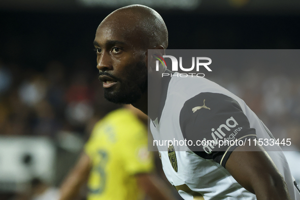 Dimitri Foulquier of Valencia CF during the La Liga match between Valencia CF and Villarreal CF at Mestalla Stadium in Valencia, Spain, on A...