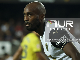 Dimitri Foulquier of Valencia CF during the La Liga match between Valencia CF and Villarreal CF at Mestalla Stadium in Valencia, Spain, on A...