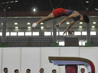 An Artistic Gymnastics athlete of Central Java, Duetto Putraega E, competes in the Group Men's Artistic Vault Final of Indonesia's National...