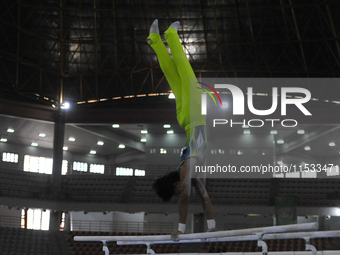 Gymnast from South Sulawesi, Rezha Saputra, competes in the Artistic Gymnastics competition on parallel bars in the men's group category at...