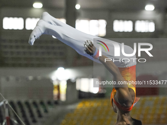 Artistic gymnast from Riau, Rihansyah Agusti, competes in the men's group multilevel crossbar competition in the final round of PON-XXI at t...