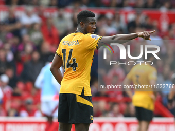 Yerson Mosquera of Wolverhampton Wanderers gestures during the Premier League match between Nottingham Forest and Wolverhampton Wanderers at...