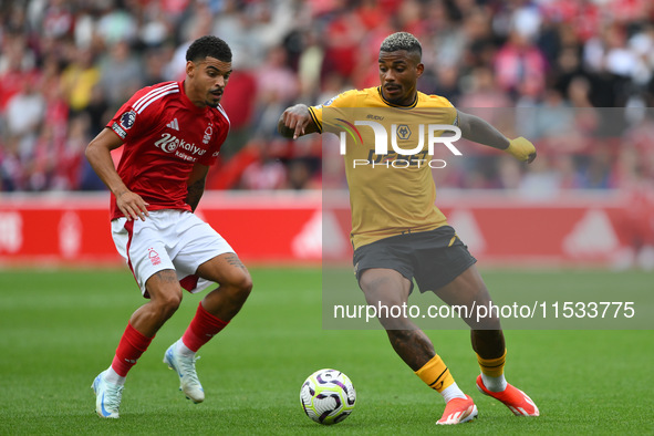 Mario Lemina of Wolverhampton Wanderers is under pressure from Morgan Gibbs-White of Nottingham Forest during the Premier League match betwe...