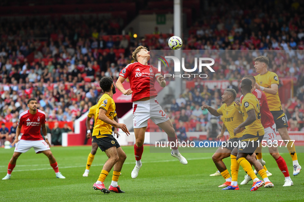 Ryan Yates of Nottingham Forest heads the ball during the Premier League match between Nottingham Forest and Wolverhampton Wanderers at the...