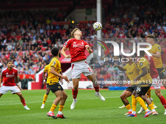 Ryan Yates of Nottingham Forest heads the ball during the Premier League match between Nottingham Forest and Wolverhampton Wanderers at the...