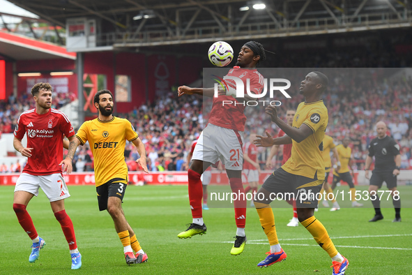 Anthony Elanga of Nottingham Forest wins the ball during the Premier League match between Nottingham Forest and Wolverhampton Wanderers at t...