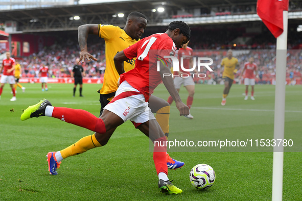 Anthony Elanga of Nottingham Forest is under pressure from Toti Gomes of Wolverhampton Wanderers during the Premier League match between Not...