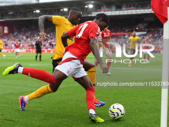 Anthony Elanga of Nottingham Forest is under pressure from Toti Gomes of Wolverhampton Wanderers during the Premier League match between Not...