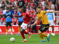 Callum Hudson-Odoi of Nottingham Forest is under pressure from Matt Doherty of Wolverhampton Wanderers during the Premier League match betwe...