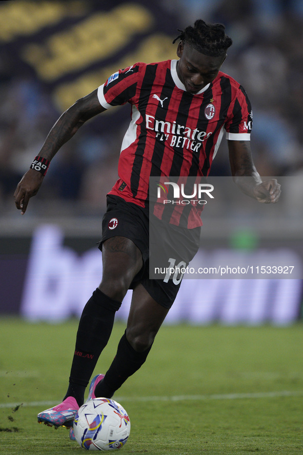 Rafael Leao of AC Milan is in action during the Serie A match between Lazio and Milan at Stadio Olimpico in Rome, Italy, on August 31, 2024....