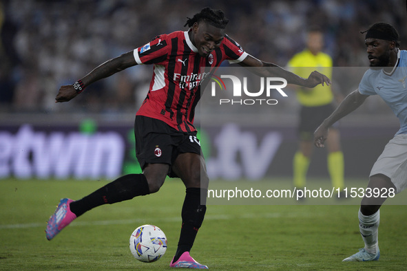 Rafael Leao of AC Milan scores a goal during the Serie A match between Lazio and Milan at Stadio Olimpico in Rome, Italy, on August 31, 2024...