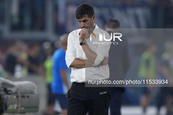 Paulo Fonseca, head coach of AC Milan, shows disappointment at the end of the Serie A match between Lazio and Milan at Stadio Olimpico in Ro...