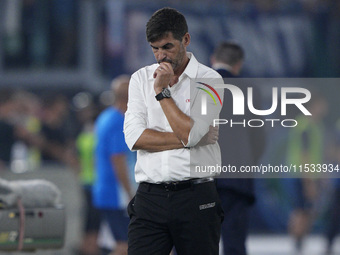 Paulo Fonseca, head coach of AC Milan, shows disappointment at the end of the Serie A match between Lazio and Milan at Stadio Olimpico in Ro...