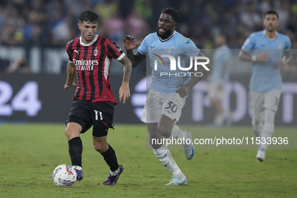 Christian Pulisic of AC Milan is in action during the Serie A match between Lazio and Milan at Stadio Olimpico in Rome, Italy, on August 31,...