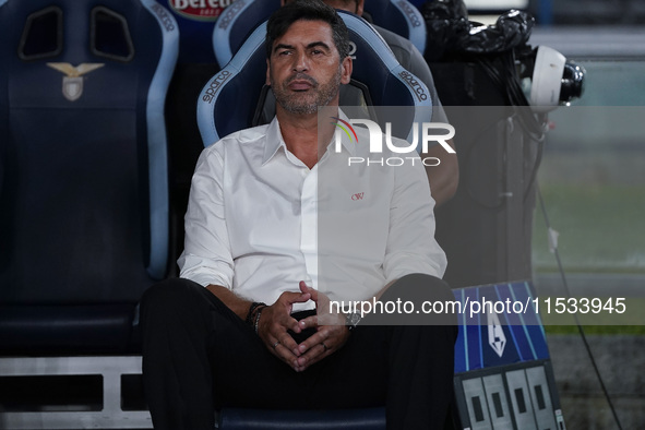 Paulo Fonseca, head coach of AC Milan, looks on during the Serie A match between Lazio and Milan at Stadio Olimpico in Rome, Italy, on Augus...