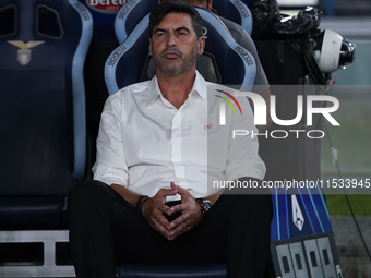 Paulo Fonseca, head coach of AC Milan, looks on during the Serie A match between Lazio and Milan at Stadio Olimpico in Rome, Italy, on Augus...