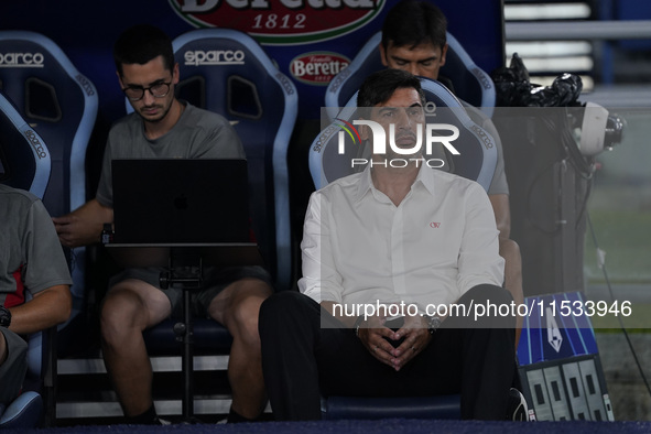 Paulo Fonseca, head coach of AC Milan, looks on during the Serie A match between Lazio and Milan at Stadio Olimpico in Rome, Italy, on Augus...