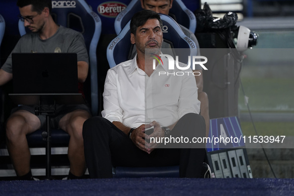 Paulo Fonseca, head coach of AC Milan, looks on during the Serie A match between Lazio and Milan at Stadio Olimpico in Rome, Italy, on Augus...