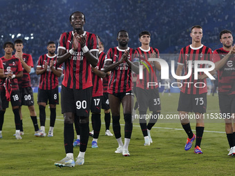 Tammi Abraham of AC Milan greets the fans at the end of the Serie A match between Lazio and Milan at Stadio Olimpico in Rome, Italy, on Augu...