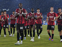 Tammi Abraham of AC Milan greets the fans at the end of the Serie A match between Lazio and Milan at Stadio Olimpico in Rome, Italy, on Augu...