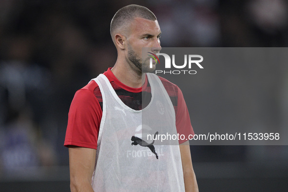 Strahinja Pavlovic of AC Milan warms up prior to the Serie A match between Lazio and Milan at Stadio Olimpico in Rome, Italy, on August 31,...