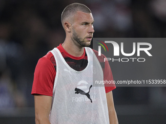 Strahinja Pavlovic of AC Milan warms up prior to the Serie A match between Lazio and Milan at Stadio Olimpico in Rome, Italy, on August 31,...