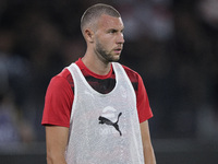 Strahinja Pavlovic of AC Milan warms up prior to the Serie A match between Lazio and Milan at Stadio Olimpico in Rome, Italy, on August 31,...