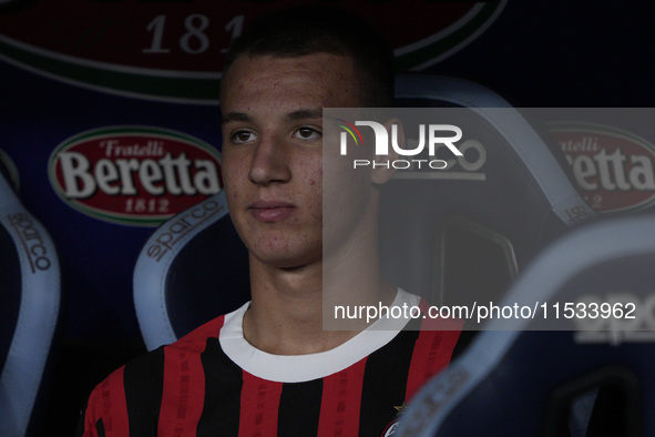 Francesco Camarda of AC Milan looks on during the Serie match between Lazio and Milan at Stadio Olimpico in Rome, Italy, on August 31, 2024....