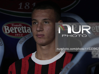 Francesco Camarda of AC Milan looks on during the Serie match between Lazio and Milan at Stadio Olimpico in Rome, Italy, on August 31, 2024....