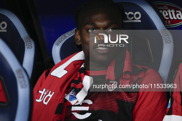 Rafael Leao of AC Milan looks on from the bench during the Serie A match between Lazio and Milan at Stadio Olimpico in Rome, Italy, on Augus...