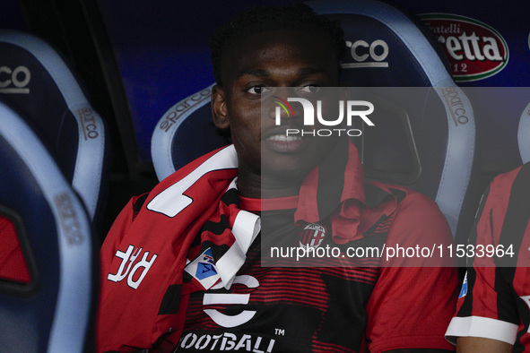 Rafael Leao of AC Milan looks on from the bench during the Serie A match between Lazio and Milan at Stadio Olimpico in Rome, Italy, on Augus...